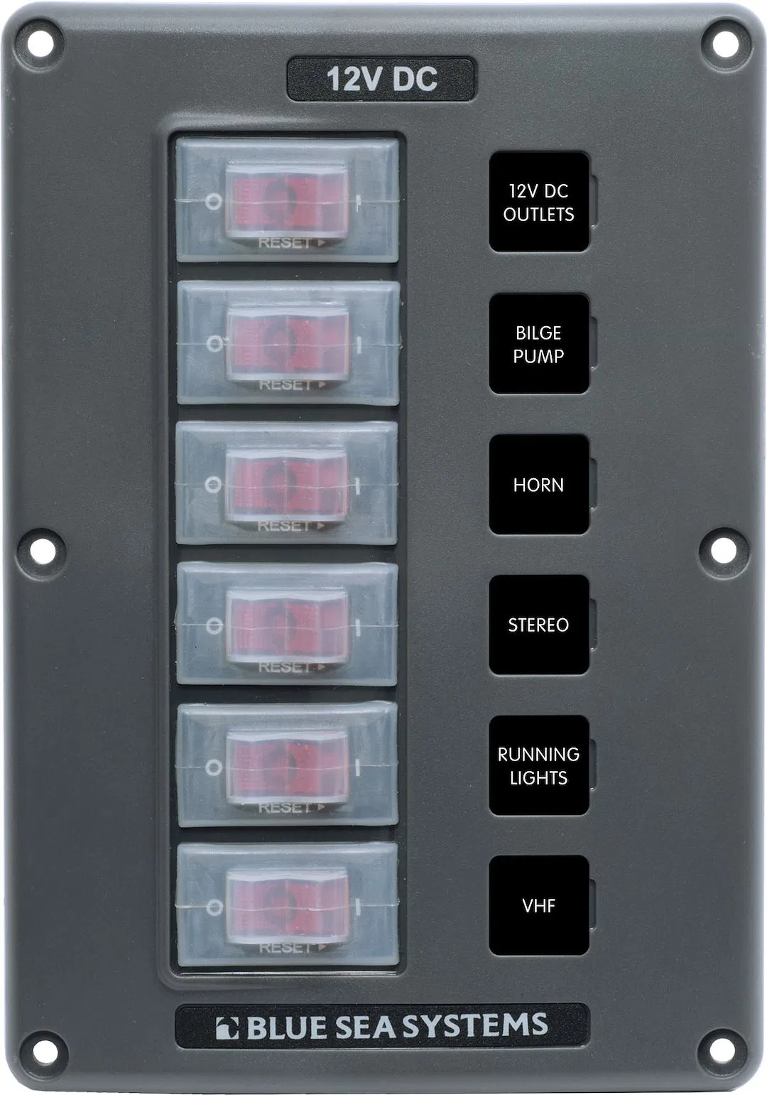 4322-BSS – BLUE SEA Switch Panel, With 6 Rocker Switches 6 Positions 12 Volt DC 45 Amps Gray With 6 Circuit Breaker/ ...